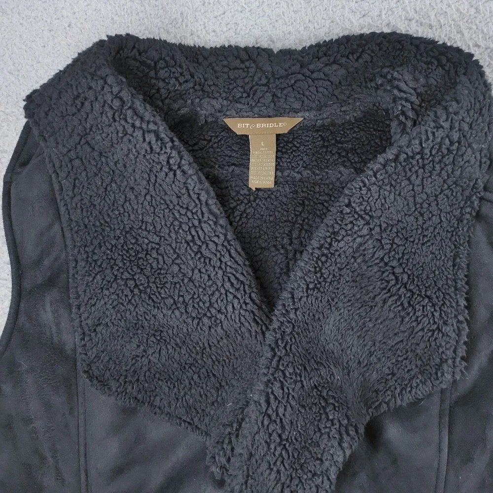 Bit & Bridle Vest Womens Large Black Faux Suede Leather Sherpa Collar Open Front
